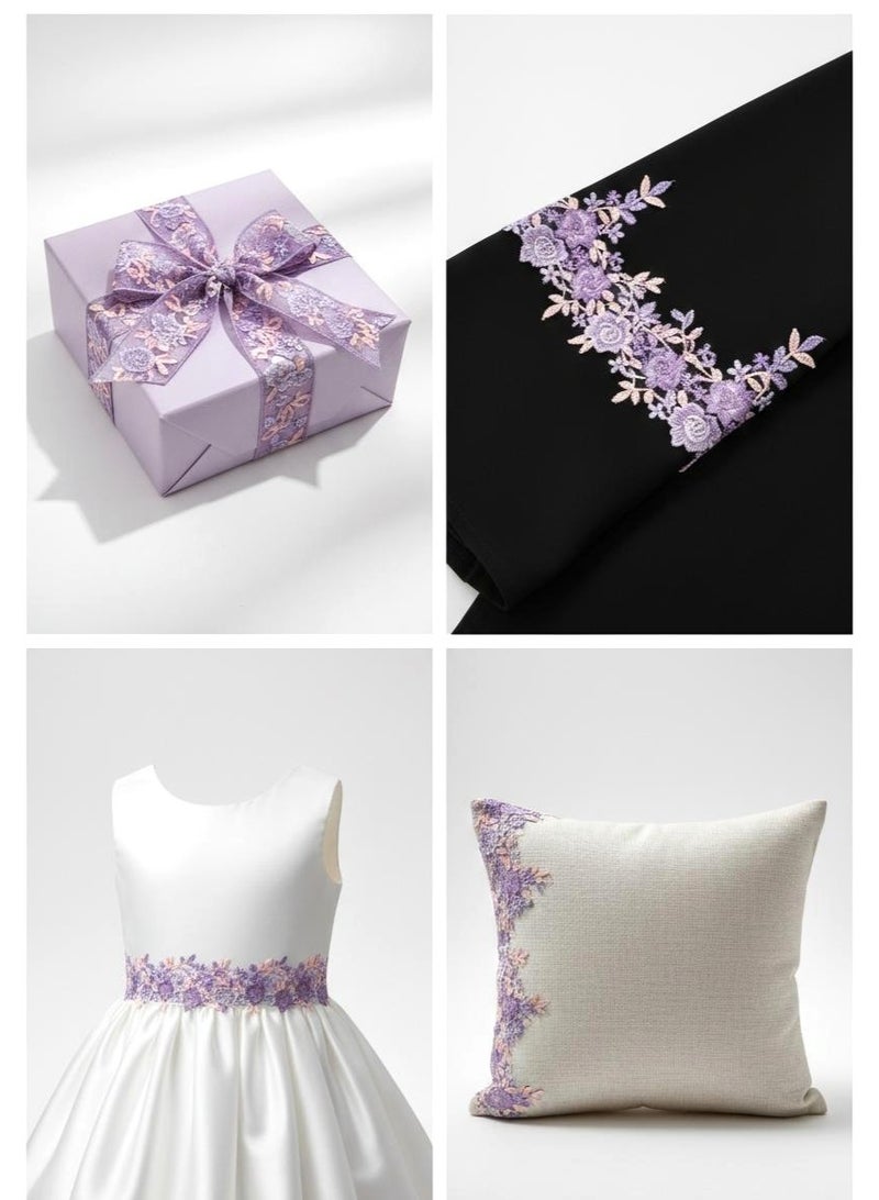Luxury Purple with Pink Floral Lace Border - 5 Yards - High-Density Embroidered Trim for DIY Sewing, Hijabs, and Dressmaking. - Image 4
